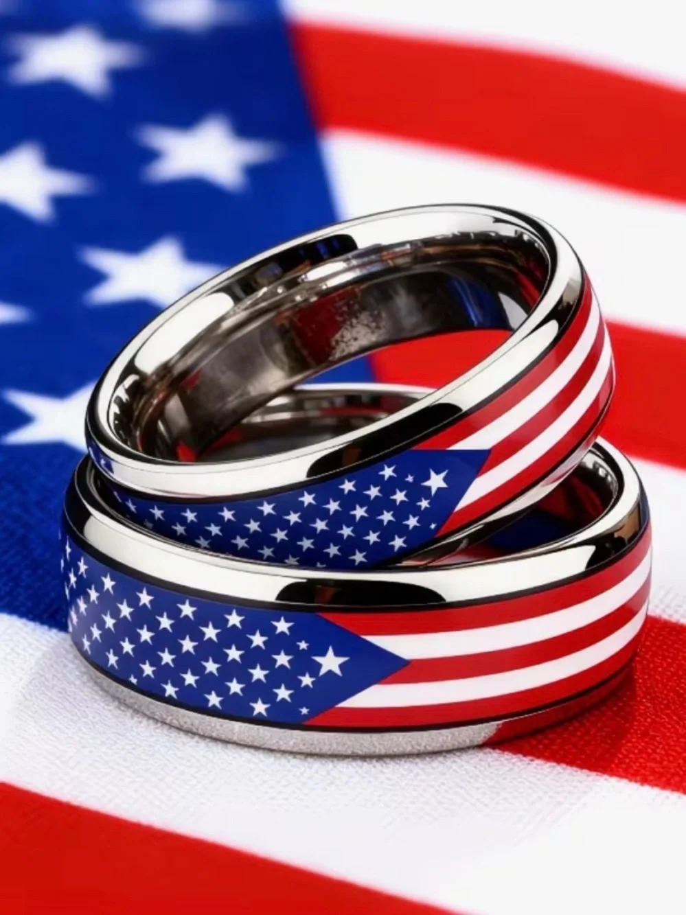 American Flag Tungsten Stainless Steel Patriotic Ring USA Red, White, Blue